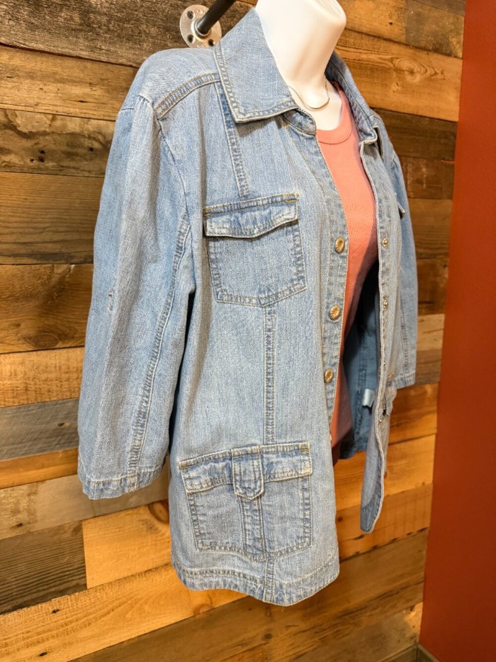 Denim Shirt Jacket/Shacket Roll Tab Sleeve Light Wash Stretch